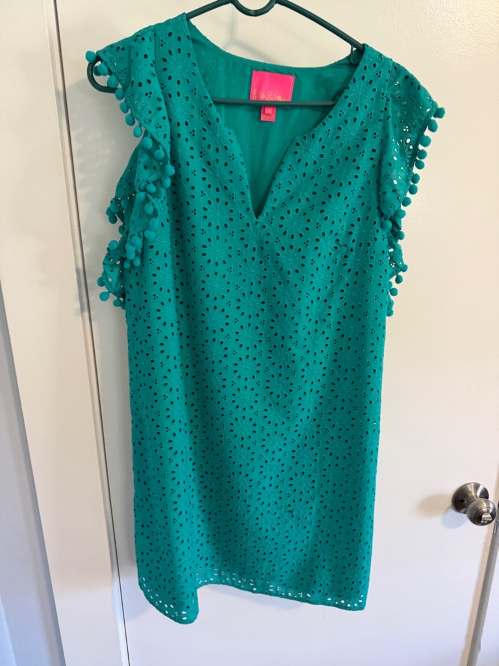 Lilly Pulitzer Teal Eyelet Shift Dress with Pom Sleeve Trim